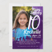 パープル絵を描（ばちゃばちゃ）跳ねる写真10番目の誕生日招待状 招待状 (正面)