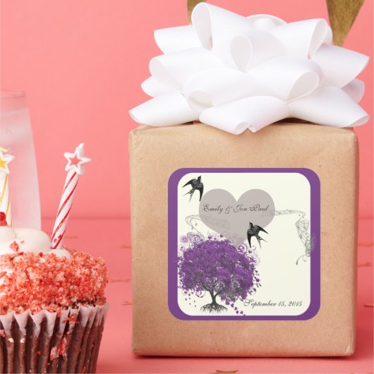 パープル縁どミンクハートリーフツリーウェディング スクエアシール (パーティー)