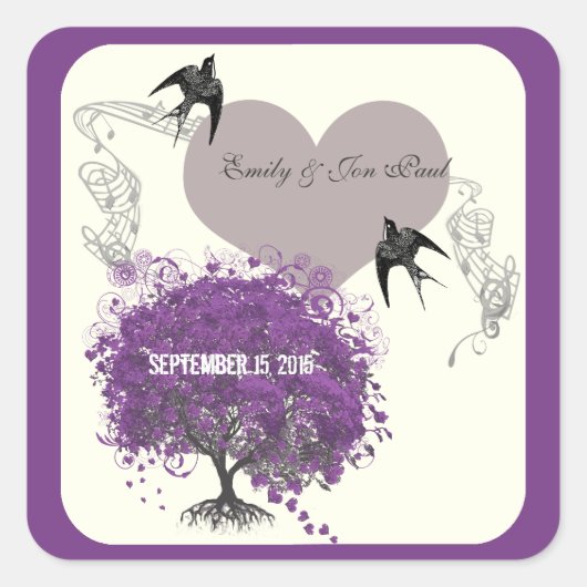 パープル縁どミンクハートリーフツリーウェディング スクエアシール (正面)