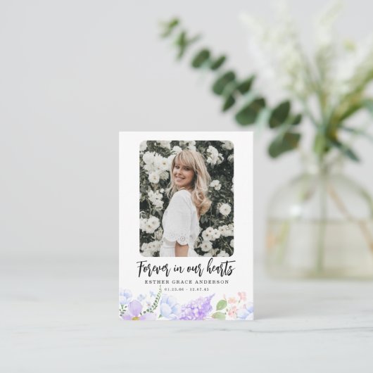 パープル花びら永遠に私たちのハート祈りの言葉カード 名刺 (スタンド正面)