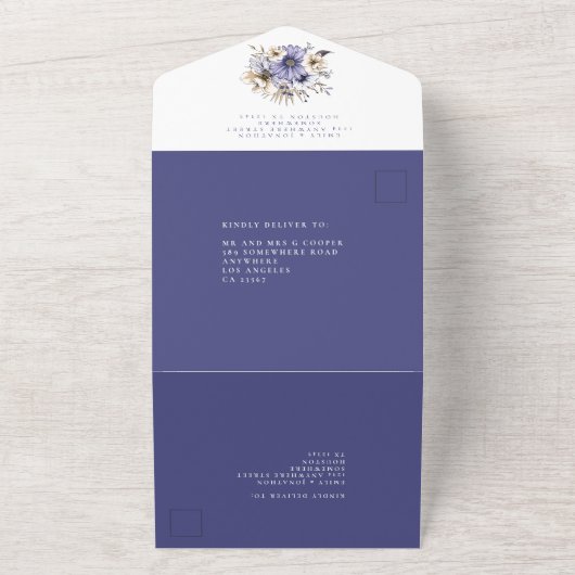 パープル花模様ゲス結婚トアドレス オールインワン招待状 (外側)