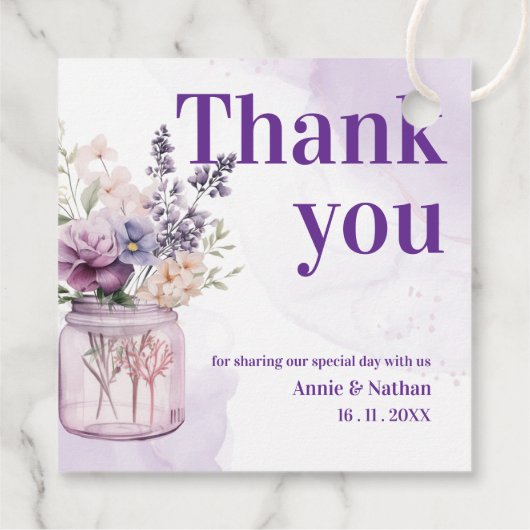 パープル花模様サンキューメッセージウェディングパーティー フェイバータグ (裏面)
