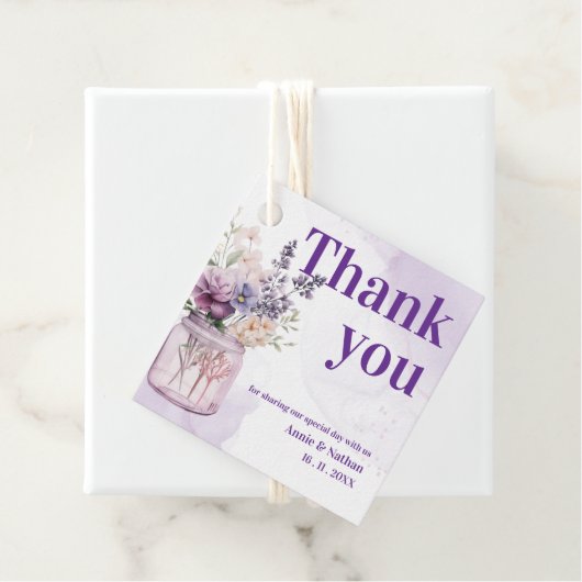 パープル花模様サンキューメッセージウェディングパーティー フェイバータグ (インサイチュ)