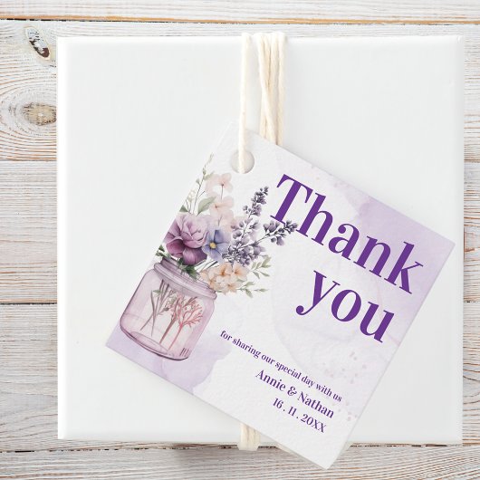 パープル花模様サンキューメッセージウェディングパーティー フェイバータグ