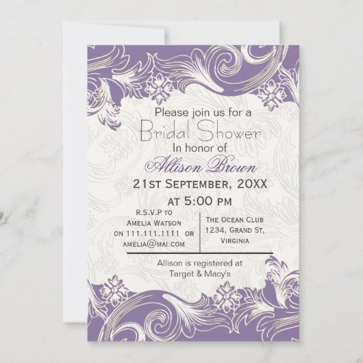 パープル花模様春ブライダルシャワー 招待状 (正面)