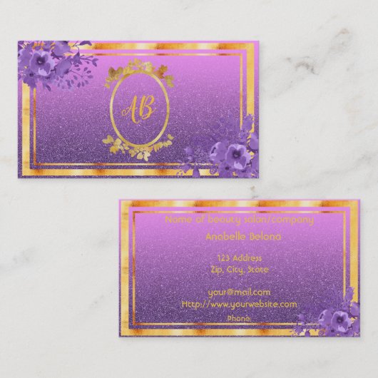 パープル花模様金ゴールドグリッター モノグラムの 名刺 (正面/裏面)