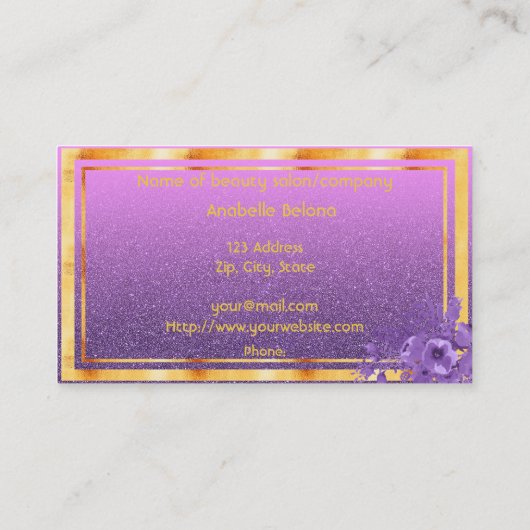 パープル花模様金ゴールドグリッター モノグラムの 名刺 (裏面)