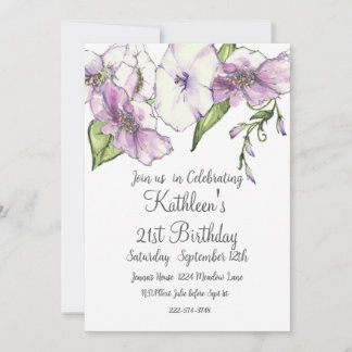 パープル花模様21歳の誕生日 招待状