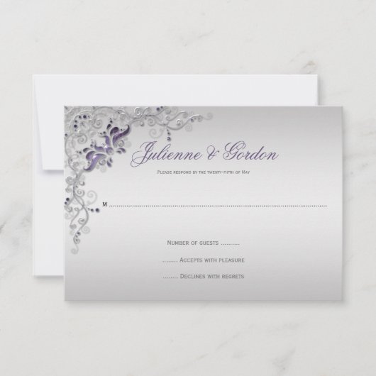 パープル華美シルバーフローラスワーズRSVP 出欠カード (正面)