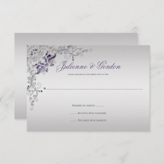 パープル華美シルバーフローラスワーズRSVP 出欠カード (正面/裏面)
