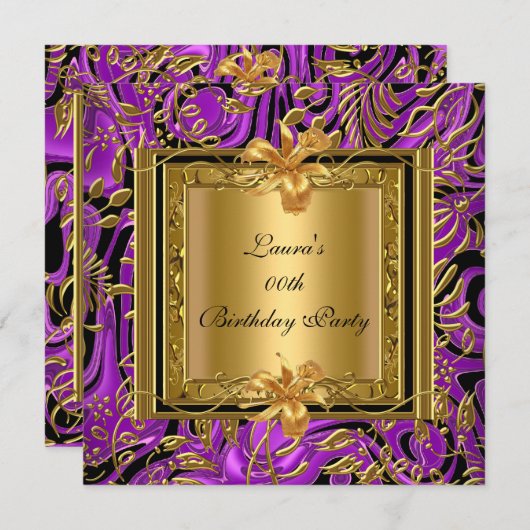 パープル華美金ゴールドダマスク誕生日パーティー 招待状 (正面/裏面)