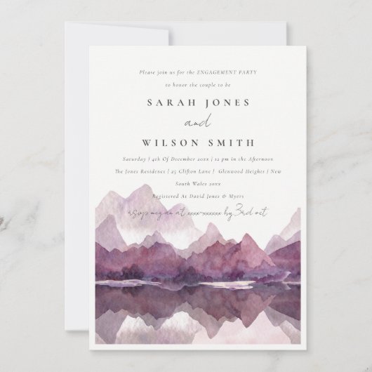 パープル薄紫ウォーターカラーマウンテンレイク婚約 招待状 (正面)