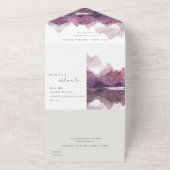 パープル薄紫ウォーターカラーマウンテンレイク結婚ズ オールインワン招待状 (外側)