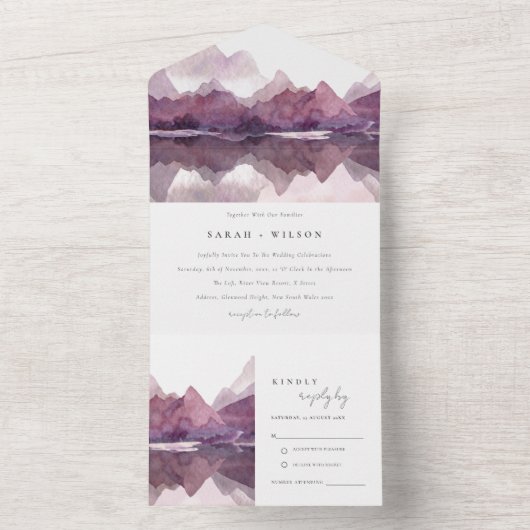 パープル薄紫ウォーターカラーマウンテンレイク結婚ズ オールインワン招待状 (内側)