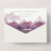 パープル薄紫ウォーターカラーマウンテンレイク結婚ズ オールインワン招待状 (裏面)