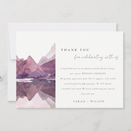 パープル薄紫ウォーターカラーマウンテンレイク結婚ズ サンキューカード (正面)