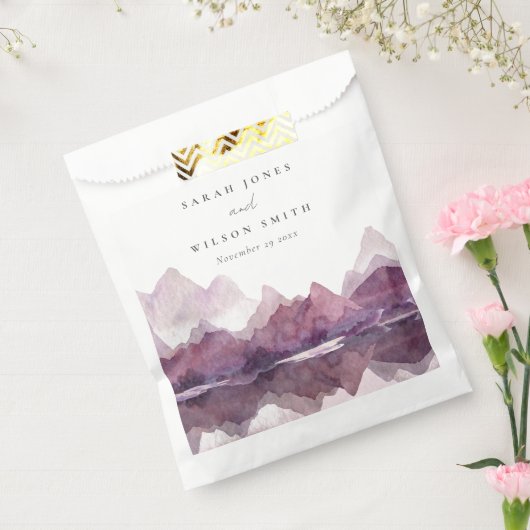 パープル薄紫ウォーターカラーマウンテンレイク結婚ズ フェイバーバッグ (封をした状態)