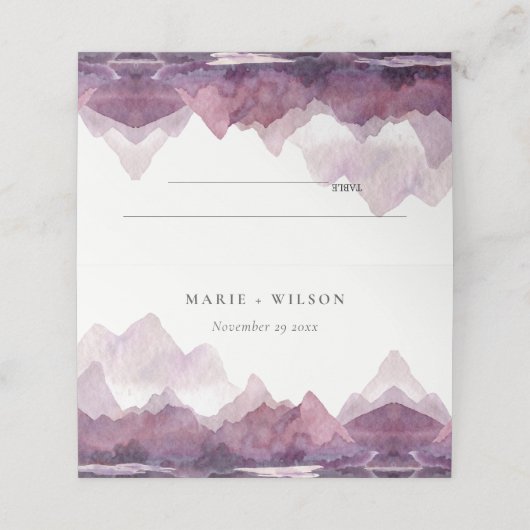 パープル薄紫ウォーターカラーマウンテンレイク結婚ズ プレイスカード (外部開封)