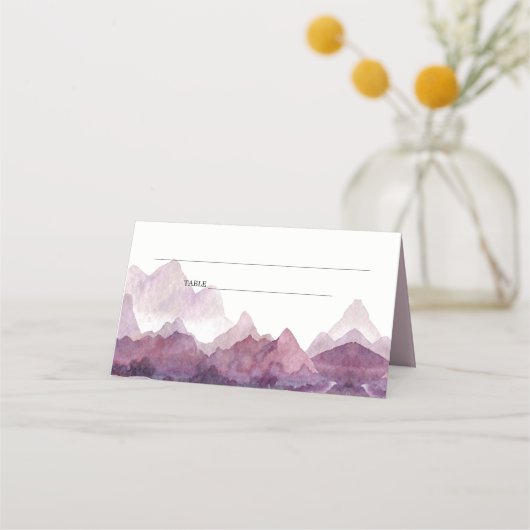 パープル薄紫ウォーターカラーマウンテンレイク結婚ズ プレイスカード (裏面)