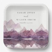 パープル薄紫ウォーターカラーマウンテンレイク結婚ズ ペーパープレート (正面)