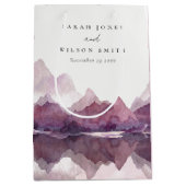 パープル薄紫ウォーターカラーマウンテンレイク結婚ズ ミディアムペーパーバッグ (正面)