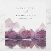 パープル薄紫ウォーターカラーマウンテンレイク結婚ズ ワインラベル (シングルラベル)