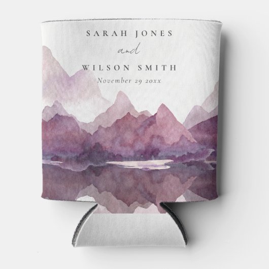 パープル薄紫ウォーターカラーマウンテンレイク結婚ズ 缶クーラー (正面)
