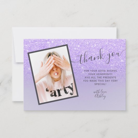 パープル薄紫エレガント感謝していグリッターユーSweet 16 サンキューカード (正面)