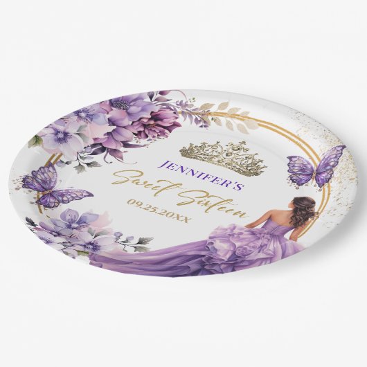 パープル薄紫ガールプリンセスティアラフローラスウィート16 ペーパープレート (アングル)