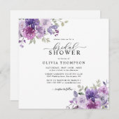 パープル薄紫ダスティーマウヴフローラブライダルシャワーインビ 招待状 (正面/裏面)