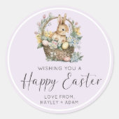 パープル薄紫ハッピーイースターバニー ラウンドシール (正面)