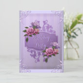 パープル薄紫バラストライプバースデーパーティー 招待状 (スタンド正面)