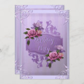 パープル薄紫バラストライプバースデーパーティー 招待状 (正面/裏面)