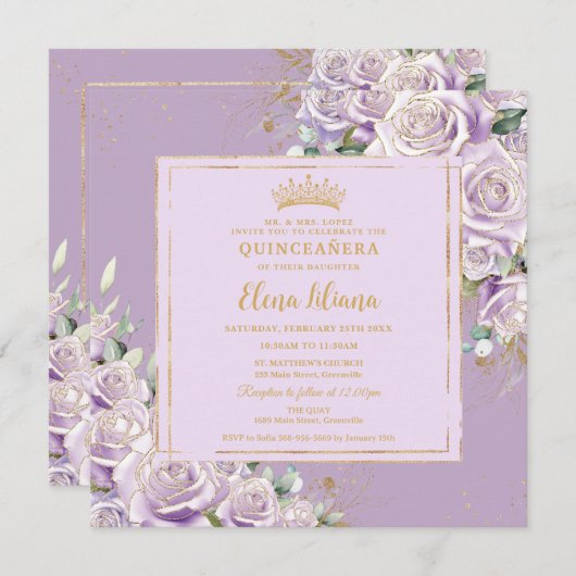 パープル薄紫バラフローラキンセアニェラスウィート16金ゴールド 招待状 (正面/裏面)
