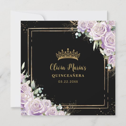 パープル薄紫バラフローラ金ゴールドキンセアニェラスウィート16 招待状 (裏面)