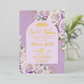 パープル薄紫バラフローラ金ゴールドスウィート16誕生日 箔招待状 (立ち正面)