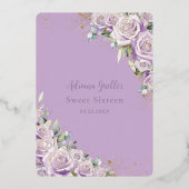 パープル薄紫バラフローラ金ゴールドスウィート16誕生日 箔招待状 (裏面)