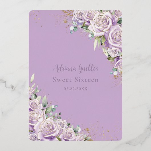 パープル薄紫バラフローラ金ゴールドスウィート16誕生日 箔招待状 (裏面)