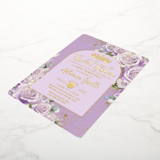 パープル薄紫バラフローラ金ゴールドスウィート16誕生日 箔招待状 (回転した状態)