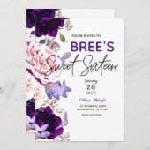 パープル薄紫ピンクローズフローラホワイトスウィート16パーティー 招待状 (正面/裏面)