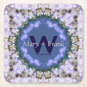 パープル薄紫フラクタルレースモノグラム紙コースター スクエアペーパーコースター (正面)