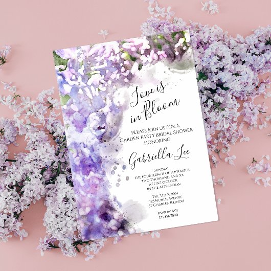 パープル薄紫フラワーラブ開花ブライダルシャワー 招待状