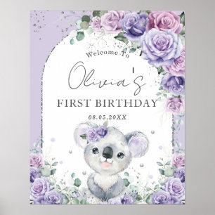 パープル薄紫フローラかわいいコアラアーチ1歳の誕生日 ポスター