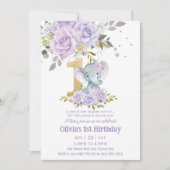 パープル薄紫フローラかわいいゾウ1歳 招待状 (正面)