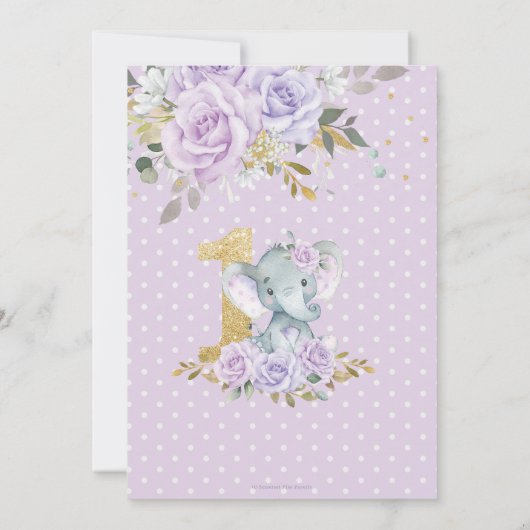 パープル薄紫フローラかわいいゾウ1歳 招待状 (裏面)