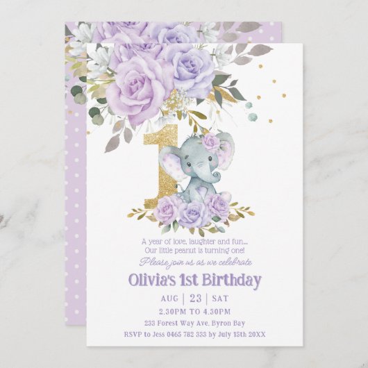 パープル薄紫フローラかわいいゾウ1歳 招待状 (正面/裏面)