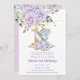 パープル薄紫フローラかわいいゾウ1歳 招待状
