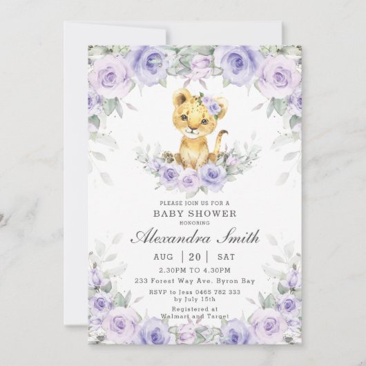 パープル薄紫フローラかわいいライオンかわいい女の子ベビーシャワー 招待状 (正面)
