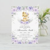 パープル薄紫フローラかわいいライオンかわいい女の子ベビーシャワー 招待状 (スタンド正面)