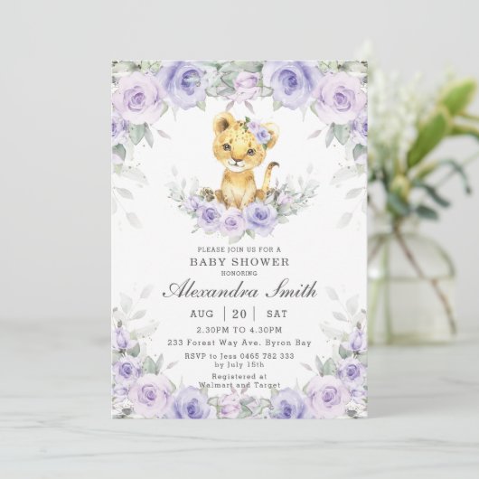 パープル薄紫フローラかわいいライオンかわいい女の子ベビーシャワー 招待状 (スタンド正面)